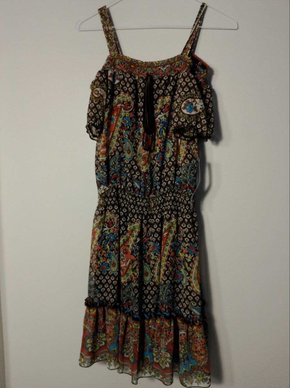 NWT XOXO Paisley Cold Shoulder Boho Midi Maxi Dress Tassel Tie